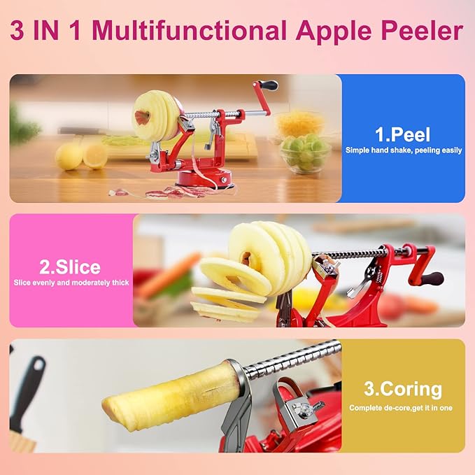 Apple Peeler, Slicer Corer Potato Peelers 3 In 1, Stainless Steel Heavy Duty with Suction Cup Base And 3 Extra Blades (Red)