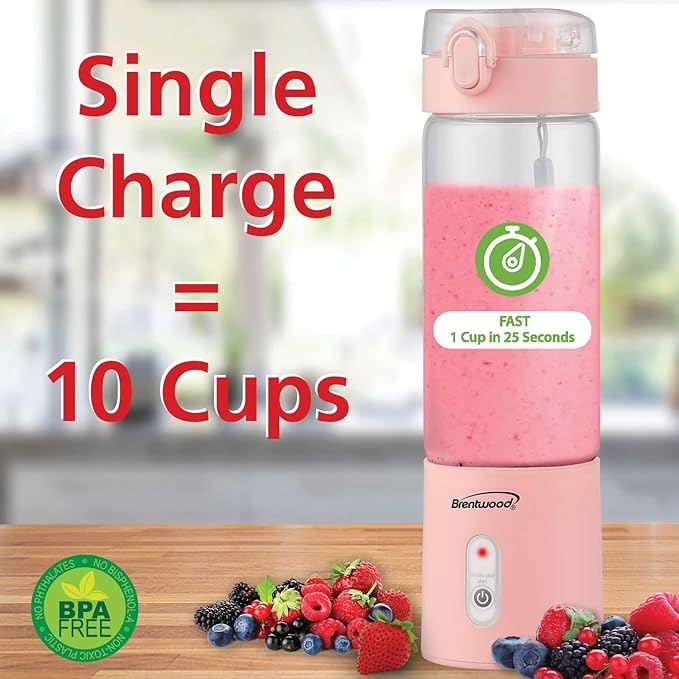 Brentwood 50-Watt 17-Oz. Portable Battery-Operated USB-Chargeable Glass Blender (Pink)