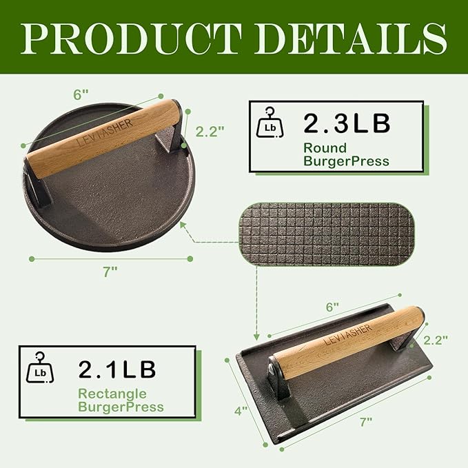 2Pcs 2.2lb Heavy Duty Cast Iron Grill Press, 6.7" Round 7.8X3.9" Rectangle Burger Press with Wood Handle for Blackstone, Griddle, Chef, Camp, Panini, Vegetable, Bacon, Sandwich, BBQ, Grid-patterned