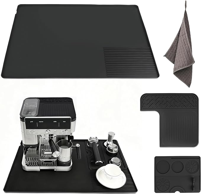 4-in-1 Silicone Coffee Maker Mat for Ninja Luxe ES601 ES701 23"x15" Coffee Bar Mat Top Mat Espresso Tamping Mat Microfiber Cloths Anti-Slip Heat-Resistant Waterproof