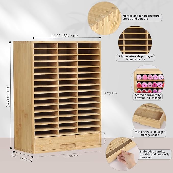 AUTOARK Bamboo Marker Organizer for 225 Markers,Desktop Storage Hold with drawers,Art Markers Pens Pencils Art Brushes Stationary Organizer Marker Pen Holder,AHK-063