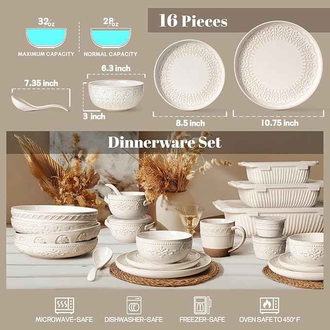 Artena Plates And Bowls Sets, 16 Pieces Dinnerware Sets, Dish Set For 4, Ceramic Kitchen Bowl And Plate Set, Embossed White Dishware Sets, Dishwasher & Microwave Safe (Wheat Leaf)