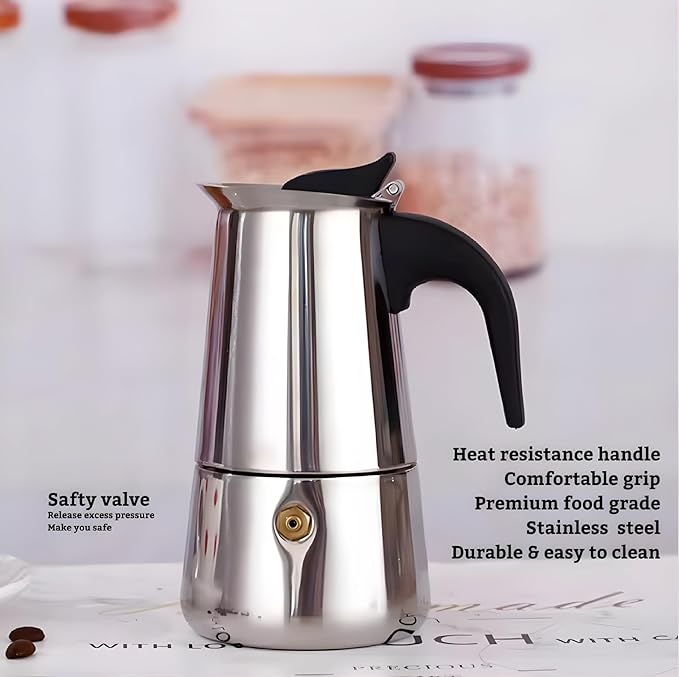 Stainless Steel Moka Pot, Gas/Electric Stovetop Espresso Maker, Percolator Coffee Pot Italian Percolator Cuban Café Brewing, Greca Coffee Maker (9CUP 450ml)