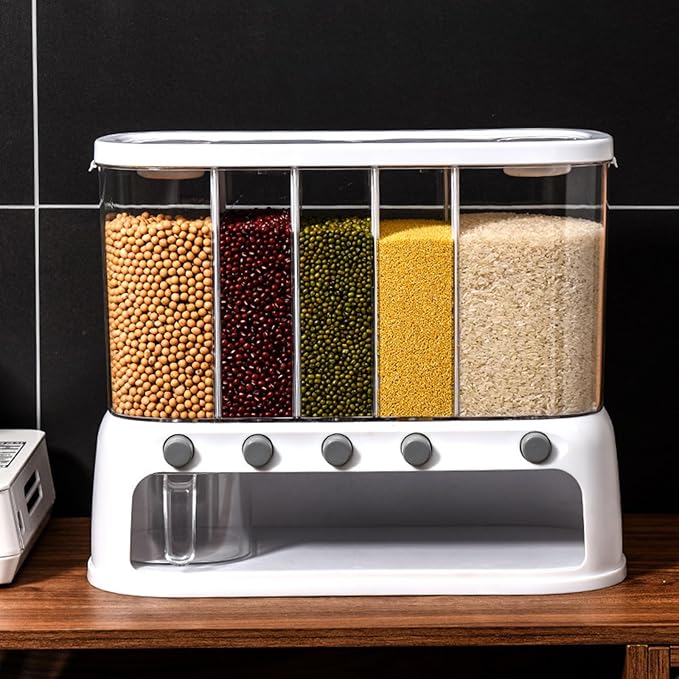 Yuehuam Dry Food Dispenser,12L Wall mounted 5 Grid Grain Dispenser 25 pounds Cereal and Rice Storage Container with Measuring Cup