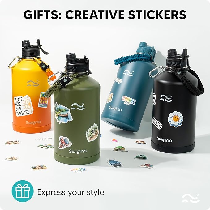 Swigina Insulated Water Bottle with Silicone Boot (36hrs Cold/18hrs Hot) - DIY Stickers, [2-in-1 Lid], BPA Free, 128 oz