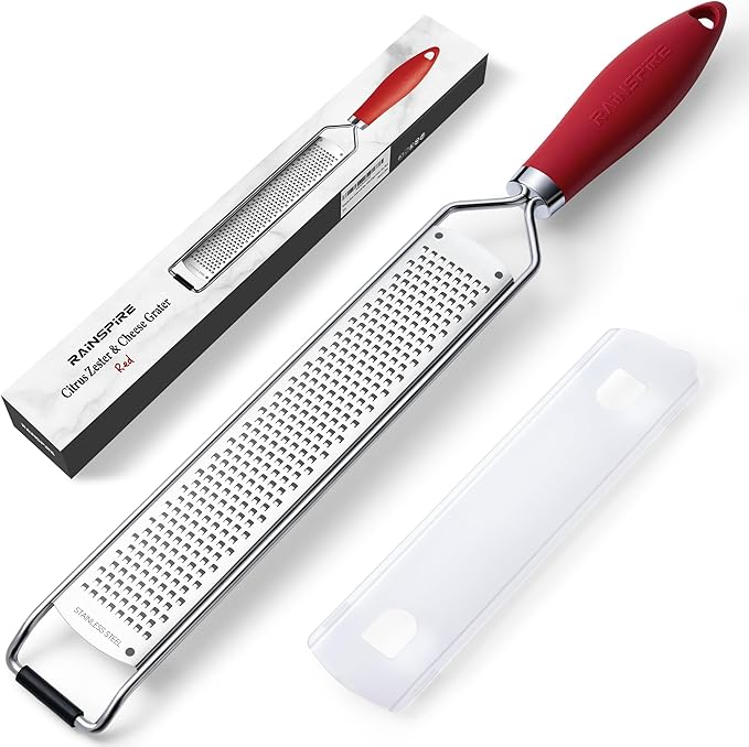 Rainspire Zester Grater with Handle, Lemon Zester Cheese Grater for Kitchen Stainless Steel, Parmesan Cheese Garlic Nutmeg Chocolate Fruits Vegetables Ginger Grater, Fine, Red