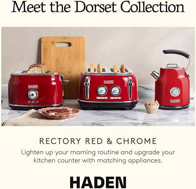 Haden Dorset Wide Slot Stainless Steel 2 Slice Retro Toaster and Dorset 1.7 Liter Stainless Steel Electric Water Kettle, Red