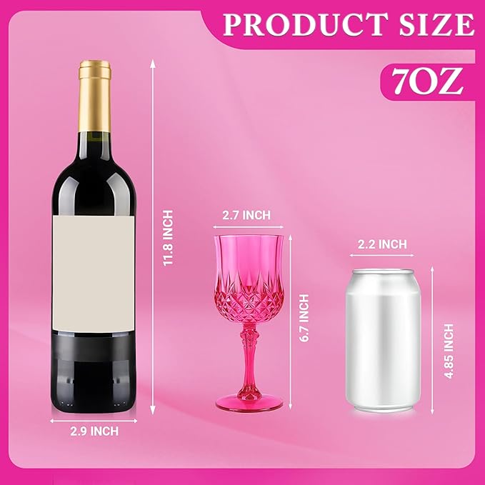 Plastic Wine Glasses, Plastic Goblets Vintage Style Cordial Unbreakable Drinking Glasses, Reusable Drinkware for Wedding Reception, Grand Event Party Supplies, Mother's Day (12, Hot Pink)