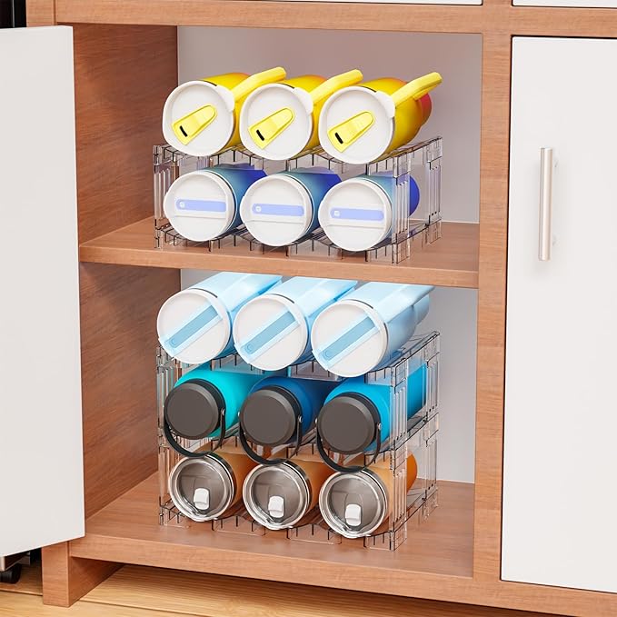 Yieach 3 Tier Stackable Water Bottle and Tumbler Organizer for Kitchen Cabinets,Large Waterbottle Holder and Cup Storage Organizer for 40 OZ Yeti,Owala or Stanley Cup Storage Rack With Handle Groove
