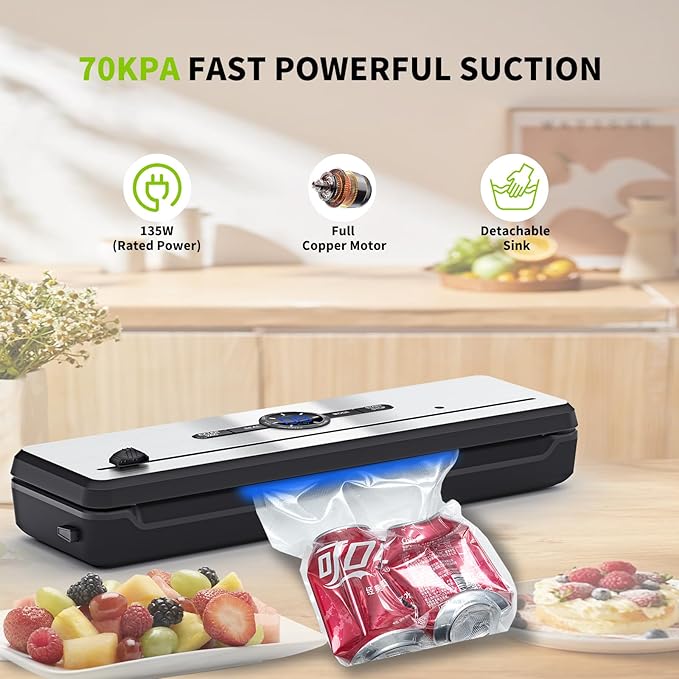 Vacuum Sealer, 70KPA Powerful Pro Food Saver Vacuum Sealer Machine, Full Automatic with Double Heat Seal, Liquid, Wet, Dry Modes with External Vacuum System, Built in Cutter & 15 Vacuum Bags