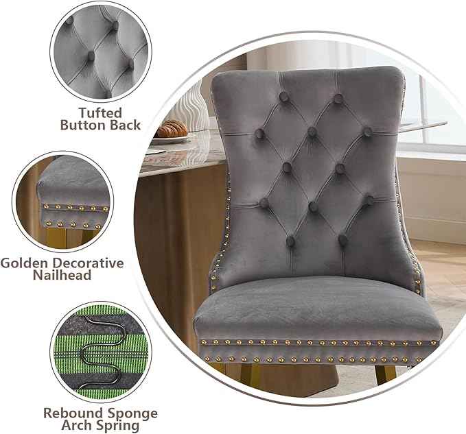 Velvet Dining Chairs Set of 2, Kitchen & Dining Room Chairs, Upholstered Dining Chairs with Back Ring Pull and Golden Solid Wood Legs, Modern Tufted Kitchen Chairs for Dining Room, Light Grey