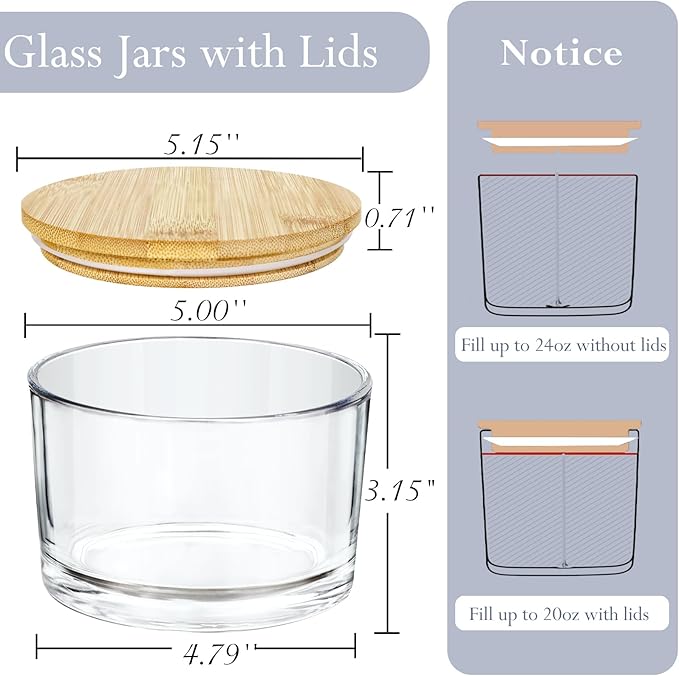 CONNOO 24oz Clear Glass Candle Jars 6 Pack, Multi-Wick Wide Mouth Empty Bulk Candle Containers for Making Candles with Airtight Bamboo Lids, Sticky Warning Labels, Wick kit- Dishwasher Safe