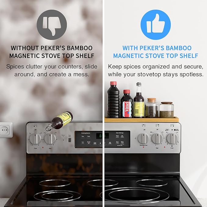 PEKER Magnetic Stove Top Shelf for 30" Stoves, Over Oven Shelf Above with Bamboo Spice Rack Organizer, Heat-Resistant, Space-Saving Solution for Kitchen Storage
