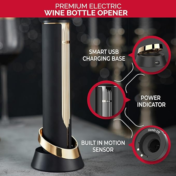 Levare - Electric Wine Bottle Opener, Rechargeable Automatic Cork Remover with USB Charging Base and Foil Cutter, Lithium Battery Powered, Ideal Gift for Wine Enthusiasts, Housewarmings, and Weddings