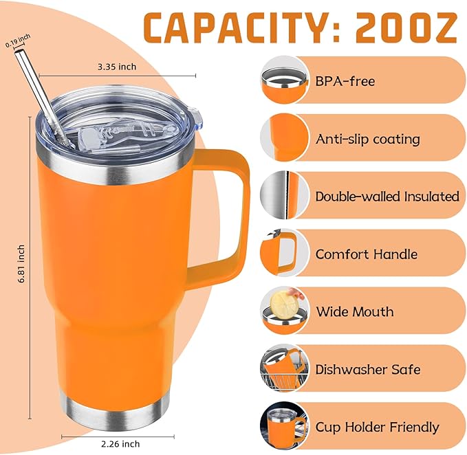 20 oz Tumbler with Handle Stainless Steel Insulated Coffee Mug Tumbler with Lid and Straw Double Wall Vacuum Insulated Coffee Mug Leak Proof Travel Tumbler for Hot and Cold Drink (Orange,1pack)