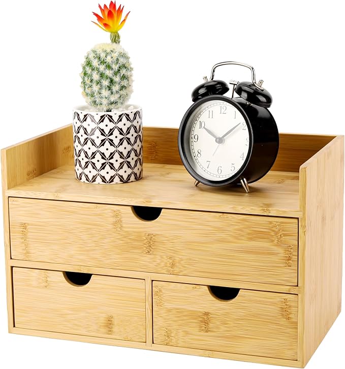 Charmewooden Bamboo Desk Organizer 3 Drawer with Shelf, Countertop Organizer with Drawers Makeup Storage Drawer 3 Drawers Tabletop Storage Organization Box Home Office Workspace