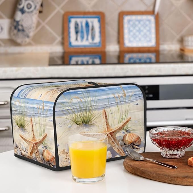 Toaster Cover 4 Slice Watercolor Starfish Seashell Beach Waterproof Appliance Cover with Hang Loop Bread Baker Toaster Cover for Kitchen