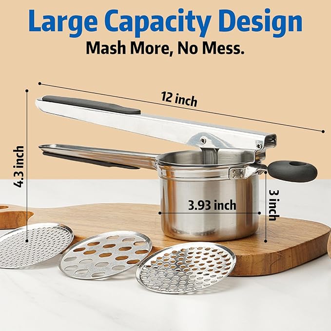 15 oz Stainless Steel Potato Ricer with 3 Interchangeable Plates, Large Capacity, Dishwasher Safe, Silicone Handles, Perfect for Mashed Potatoes, Baby Food, Vegetables & More