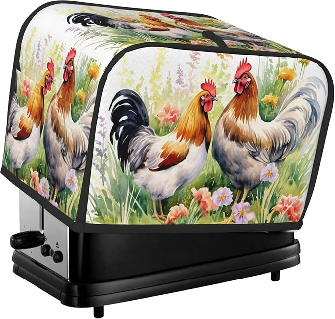 Watercolor Chicken Rooster Floral Toaster Cover 2 Slice Long Slot, Bread Maker Cover Washable Dust Protection Kitchen Small Appliance Toaster Oven Cover for 2 Slice