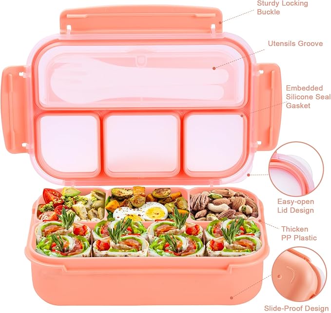 Bento Box Adult Lunch Box, Lunch Containers for Kids Girls Boys with 4 Compartments, Lunchable Food Container with Utensils, Sauce Jar, Muffin Liners, 40 Oz/5 Cup, Microwave & Dishwasher Safe, Pink