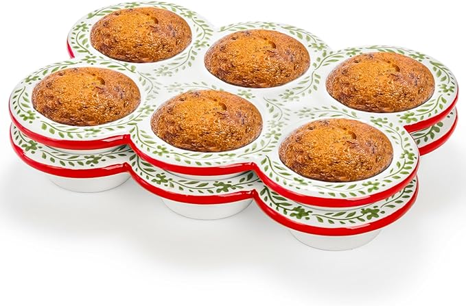 Hiceeden 2 Pack Ceramic Muffin Pans, 6 Cup Non-Stick Muffin Tin Cupcake Pan, Floral Baking Pans with Red Rim for Puddings, Muffins, Cakes, Quiches, Brownies