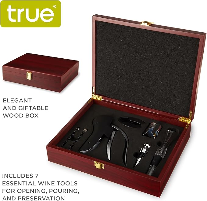 True Wine Tools Set with Cherry Stained Wooden Gift Box, Includes Lever Corkscrew, Foil Cutter, Aerator Pourer, 2 Worms, Chrome Bottle and Champagne Stopper, Home Bar Accessories, 7 Piece