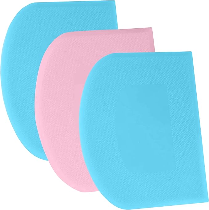 SURDOCA Dough Scraper Bench Scraper - 3P 9.5x6.1" Plastic Flexible Bowl Scraper, Sharp Edge & Angles Cake Scraper. Non-Slip Bakeware Decorating Tools Sculpting & Modeling Tools - Blue+Pink+Blue