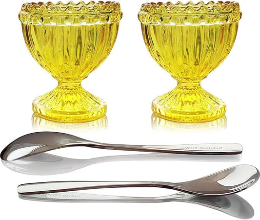 NobleEgg Glass Egg Cups for Soft Boiled Eggs | Egg Spoons | Vintage Style | Yellow, 2