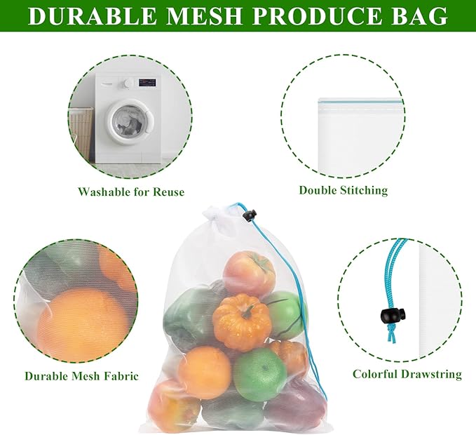 8 Reusable Blue Mesh Produce Bags - Large (12"x17") Washable See-Through Mesh for Fruit, Veg, Toy Storage