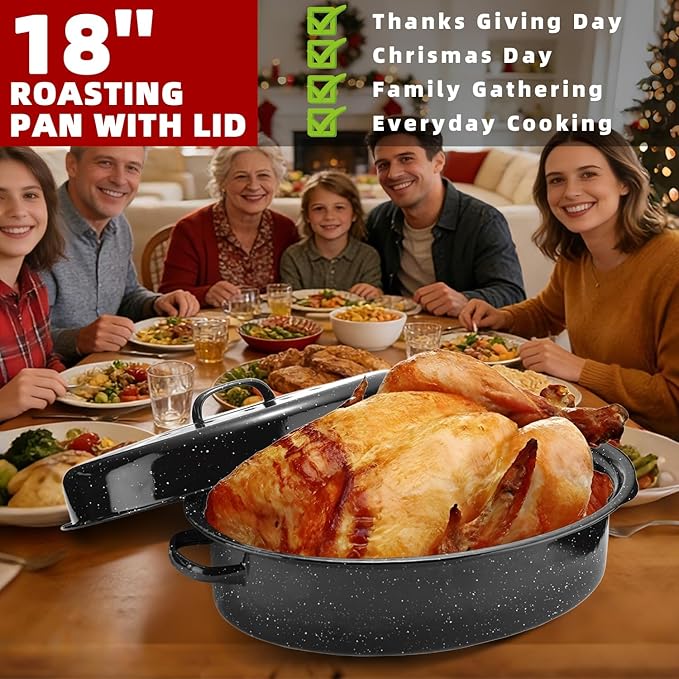 DIMESHY 18Inch Roasting Pan, Enamel on Steel, Black Covered Oval Roaster Pan with Lid, Large Cookware for Turkey, Small Chicken, Roast Baking Pan.