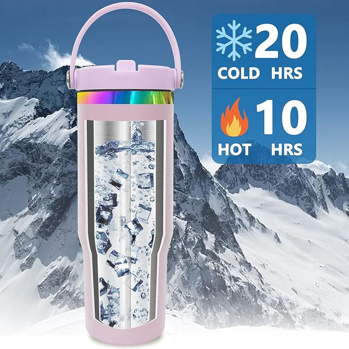 30 oz Tumbler with Handle and Straw, Vacuum Insulated Tumblers with Flip Straw and Top Handle, Leakproof Powder Coated Tumbler, Stainless Steel Travel Mug for Coffee Water (Purple)
