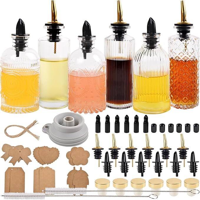 ChezMax Syrup Dispenser Bottles Set of 6, Simple Syrup Bottle for Coffee Bar Accessories, 5oz & 7oz Glass Coffee Syrup Dispenser Syrup Containers for Maple Honey Syrup Oil, Metal Pour Spouts & Labels