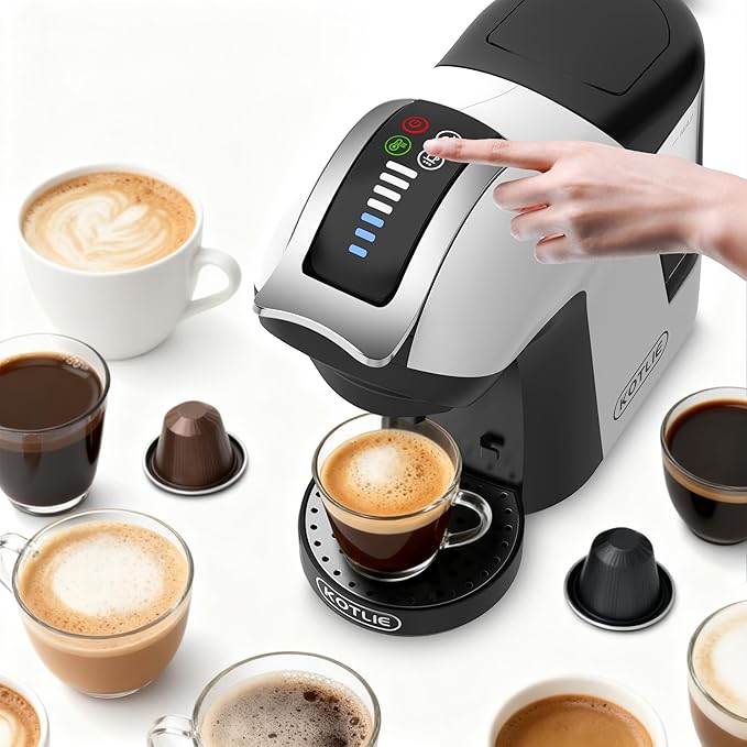 KOTLIE EM-308B Espresso Machine, Single Serve Coffee Maker Compatible with Multiple Capsule Types, Ground Coffee, and ESE Pods, 3 Temperatures, 7 Water Volume Levels, 34 Oz（White）