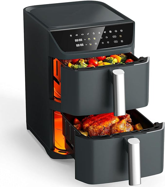 Dual Basket Air Fryer, 12.6QT Family-Size for 10–12 People, XL Basket for 6LB Whole Chicken, DoubleStack Compact Design, 10-in-1 Functions with Reheat, Dehydrate & SyncFinish, Dishwasher-Safe, Gray