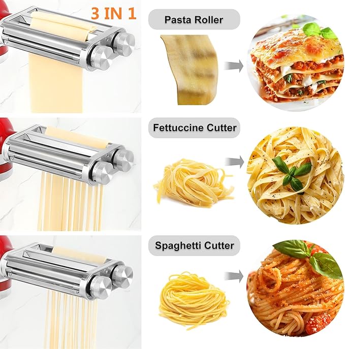 FavorKit 3 in 1 Pasta Maker Attachment Set for KitchenAid Mixers Plus Hub Knob Screw Accessory Included Dough Sheet Roller, Noodle Spaghetti & Fettuccine Cutters-Unique Design