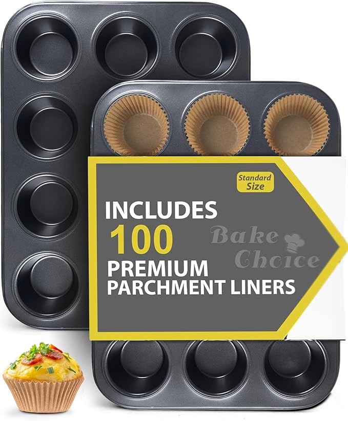 Bake Choice 2 Pack Muffin Pan for Baking, Standard Cupcake Pan includes 100 Natural Cupcake Liners, Muffin Tin Nonstick 12 Cup, Baking Pans Set, Carbon Steel Baking Supplies