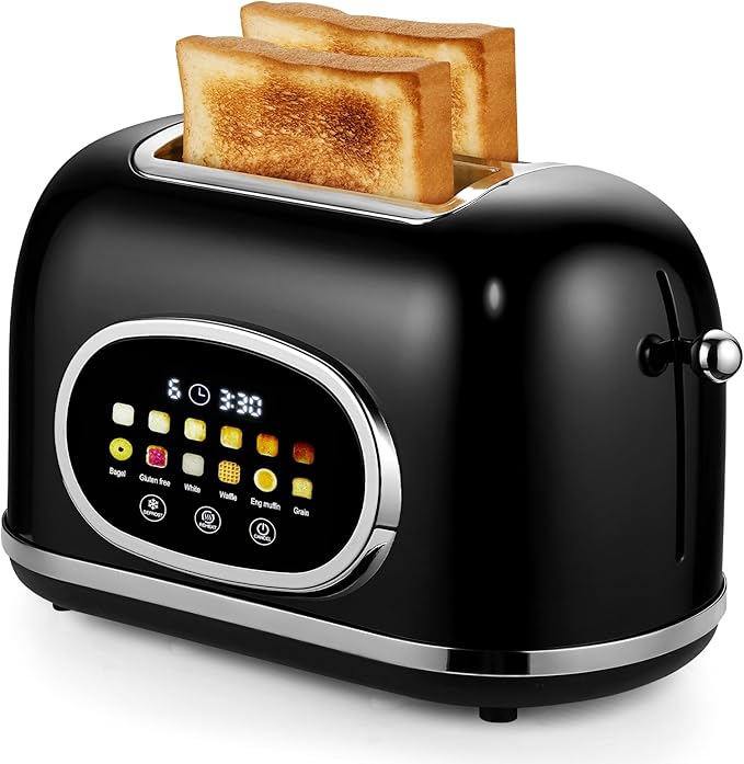 Roter Mond 2 Slice Toaster Smart Touch Screen, Retro Stainless Steel Bread Toaster with Digital Timer, Sleep Mode, Bagel, Cancel, and Defrost Functions, 6 Bread Types and Shade Settings, Black