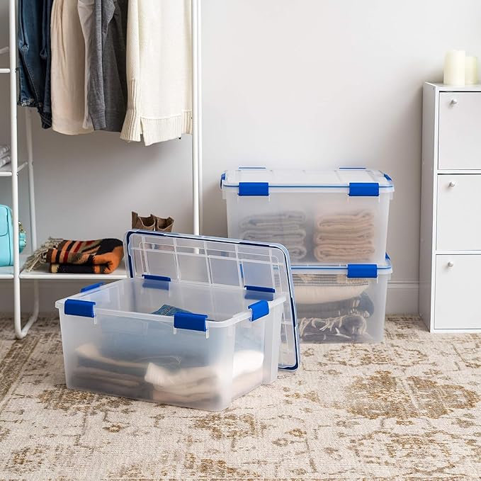 IRIS USA 60 Quart WEATHERPRO Plastic Storage Box with Durable Lid and Seal and Secure Latching Buckles, 3 Pack, Weathertight, Keep Pest Dust and Moisture Out, for Oversized Bulky Items, Clear/Blue