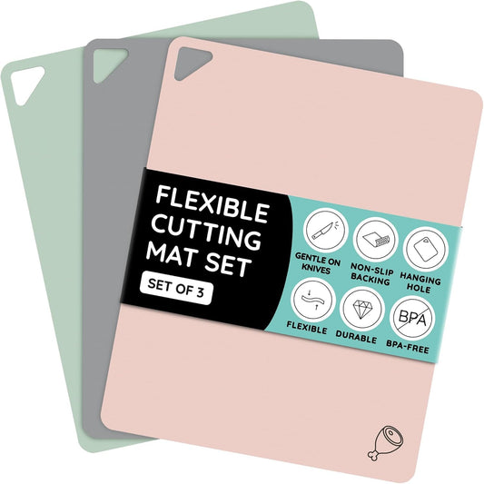 July Home Cutting Board Alternative for Kitchen - Extra Thick Flexible Plastic Cutting Board Set of 3, Non-Slip, BPA-Free, Easy to Clean, Colored Cutting Mats for Cooking, Durable Chopping Sheets