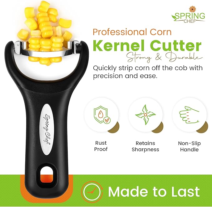 Spring Chef Stainless Steel Corn Peeler – Corn on the Cob Stripper Tool – Durable & Efficient Kernel Remover Tool – Easy to Use Kernel Cutter - Dishwasher Safe Kitchen Gadget - Set of 2 - Black
