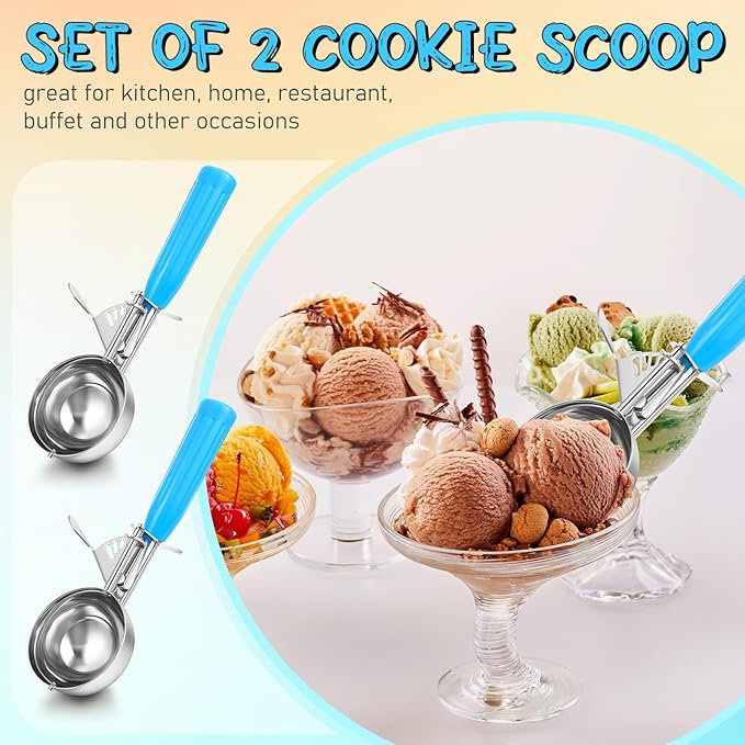 Reallnaive 2 Pcs Release Cookie Scoops Ice Cream Scooper with Trigger Release Portion Scoop Stainless Steel for Portion Control, Baking Food, Cookie Dough (2 oz,Blue)