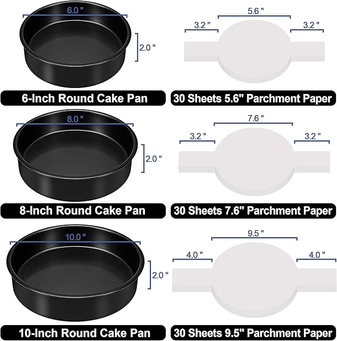 Round Cake Pans Set of 3 (6, 8, 10 Inch), Nonstick Circle Cake Pan with 90PCS Parchment Paper for Layer Cakes Deep-Dish Pizza Tart, Baking Pans Set for Christmas Birthday Thanksgiving, Dishwasher Safe