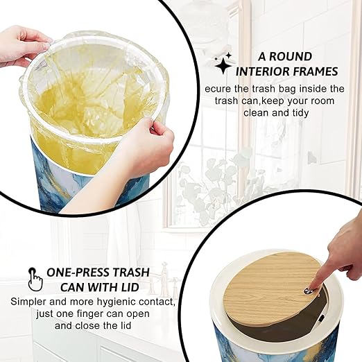 Trash Can with Lid Abstract visual blue marble style painting glitter gold veins white Press Top Round Small Garbage Bin with Wooden Legs Waste Basket for Kitchen Bedroom Nursery 7L/1.8 Gallon