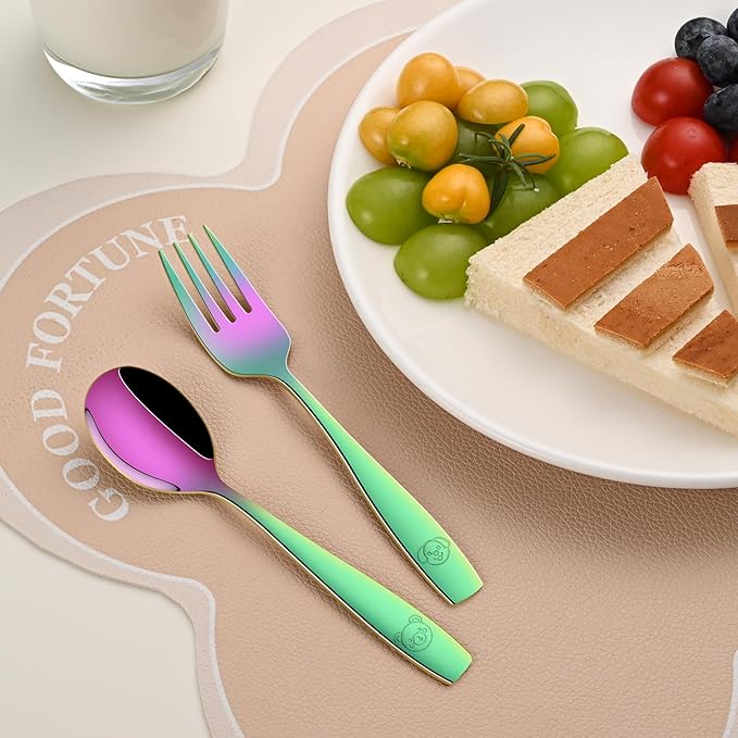 DEHOV Rainbow Toddler Eating Utensils Set,Set Of 12 Food Grade Stainless Steel Silverware Sets For Kids,Dishwasher Safe Children Small Metal Spoons And Forks Flatware Sets
