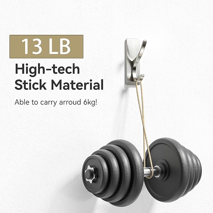 pickpiff Brushed Nickel Self Adhesive Coat Hooks for Hanging: 13LB Extra Strong Stainless Wall Hook for Towel, Utensil, Backpack, Hat, Sturdy Metal Hanger for Bathroom, Kitchen, Door, 6-Pack