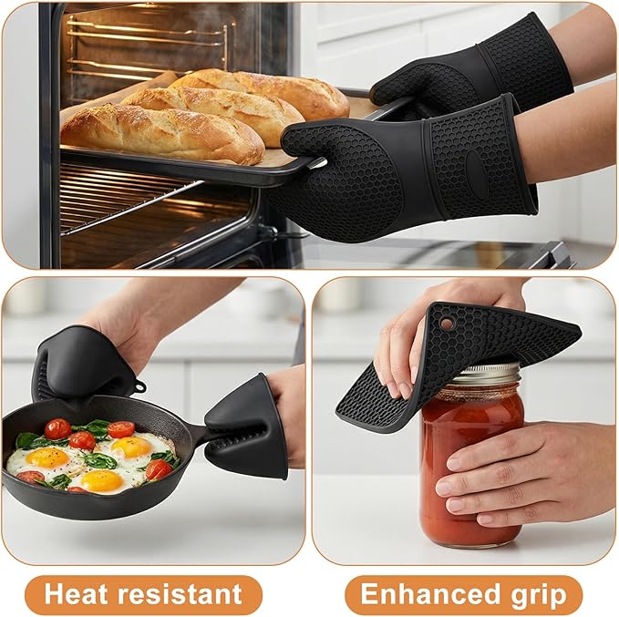 6 Pcs Oven Mitts and Pot Holders Sets for Kitchen, Extra Long Silicone Oven Gloves High Heat Resistant 500 Degrees Non-Slip Potholders Hot Pads for Baking Cooking (Black)