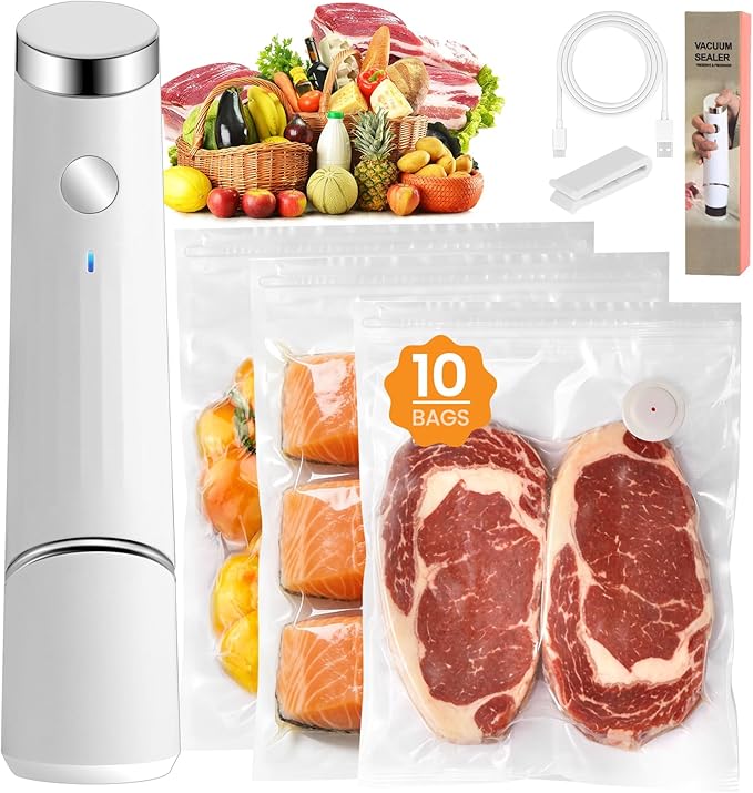 Compact Vacuum Sealer for Food (Portable Vacuum Sealer Machine+10 Reusable Bags) Compact Handheld Food Saver for Meat, Camping & RV Travel,Seal Food 6X Fresh Longer, Portable & Wireless, Easy-Clean