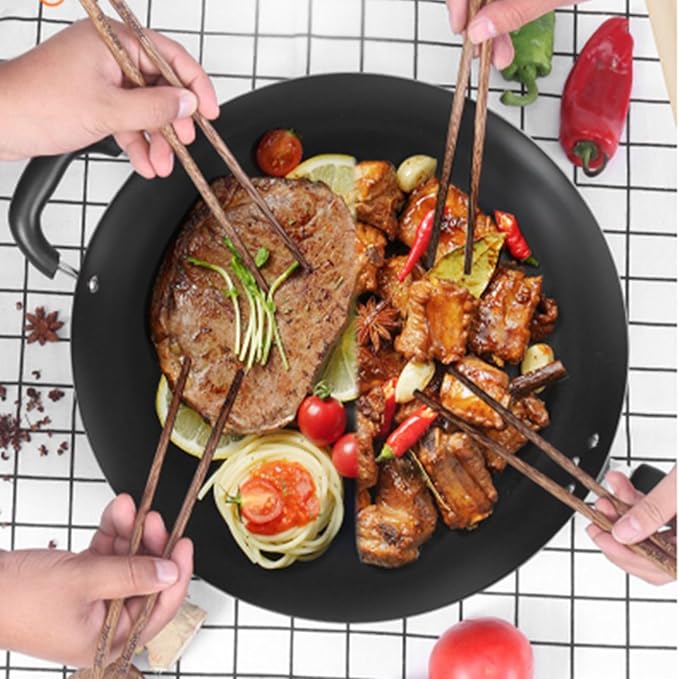 Wok Pan with Lid Nonstick Wok 34cm, Carbon Steel Woks Stir-Fry Pans, No Chemical Coated Flat Bottom Chinese Wok, for Electric, Induction and Gas Stoves