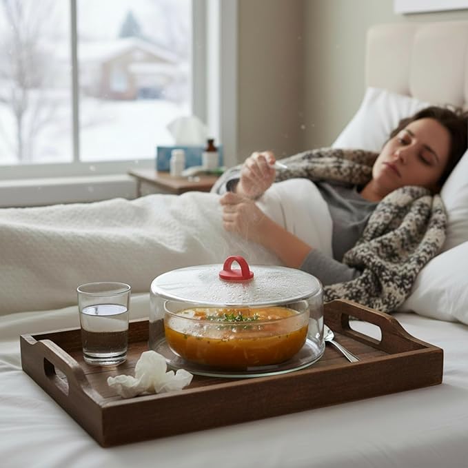 Tall Microwave Tempered Borosilicate Glass Plate Cover with Red Easy-Grip Silicone Handle - Steam Food Without Venting - Microwave/Oven/Stove Safe - 10" x 4"