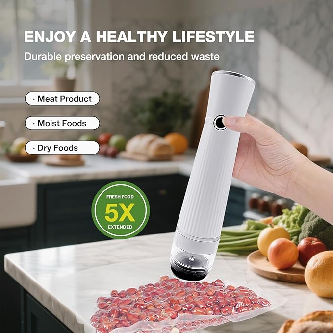 Handheld Vacuum Sealer for Food, Portable Rechargeable Wireless Vacuum Sealer with 20 Reusable Vacuum Seal Bags for Preserving Vegetables Fruit Meat